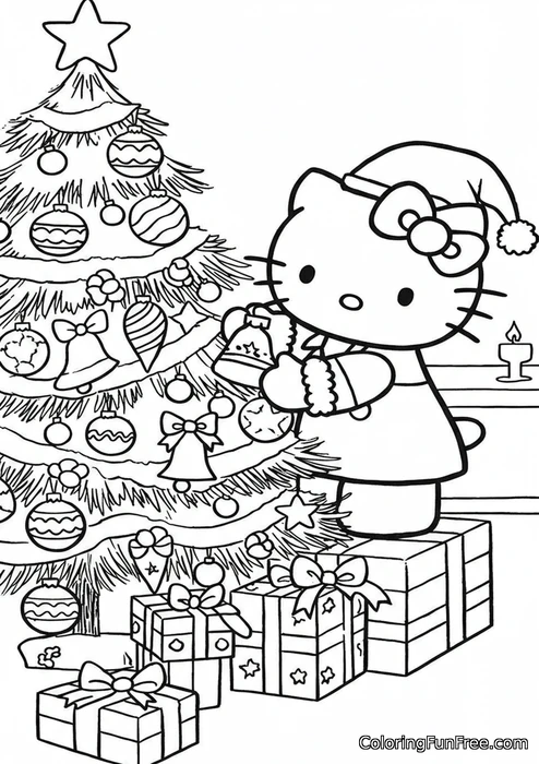 Hello kitty next to christmas tree with gifts