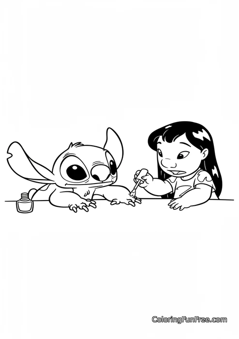 Lilo painting Stitch's nails