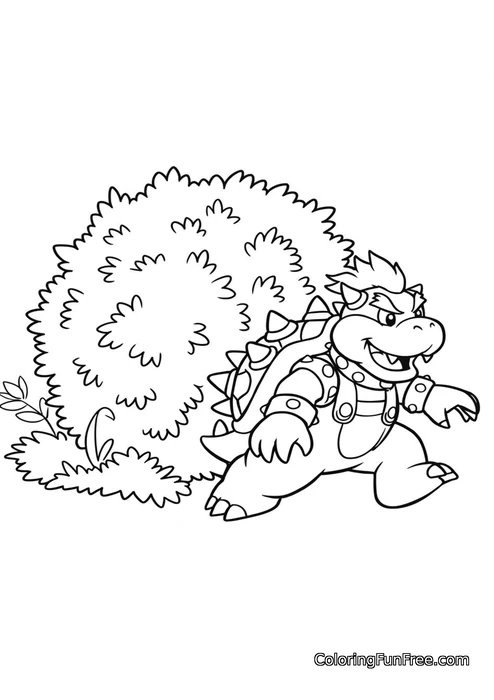 Bowser running past bush