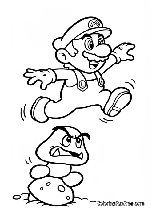 Mario jumping over Goomba