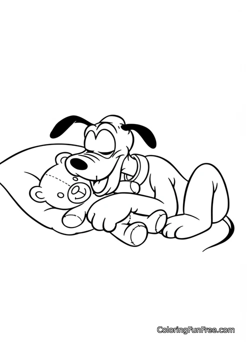 Pluto sleeping with a teddy