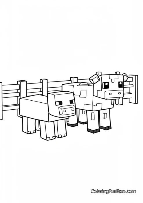 Minecraft cow and pig by fence
