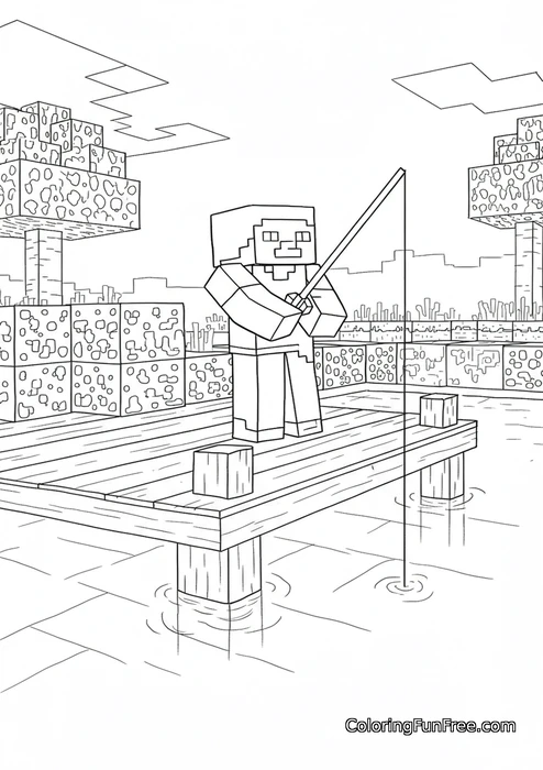 Minecraft Steve fishing on pier