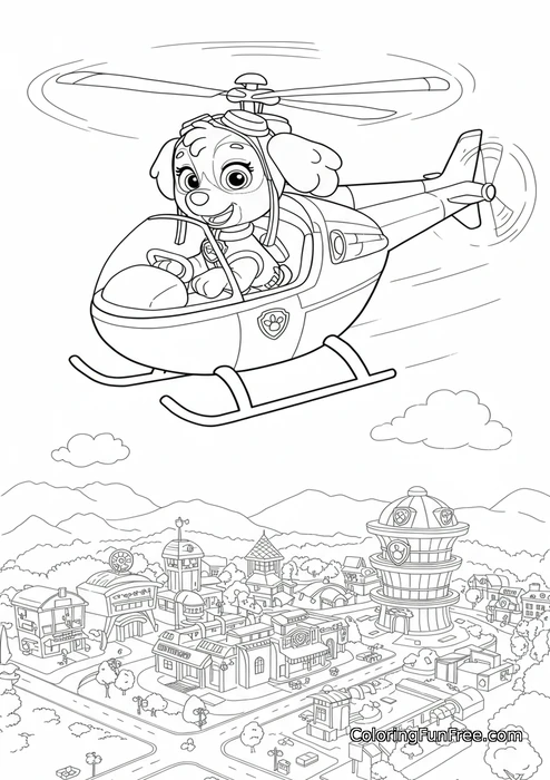 Paw Patrol Skye helicopter over adventure bay