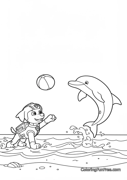 Paw Patrol Zuma playing with dolphin beach ball