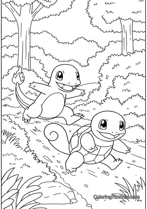 Pokemon charmander and squirtle running forest