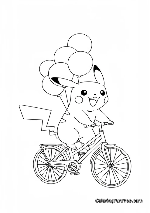 Pokemon pikachu riding bicycle with balloons