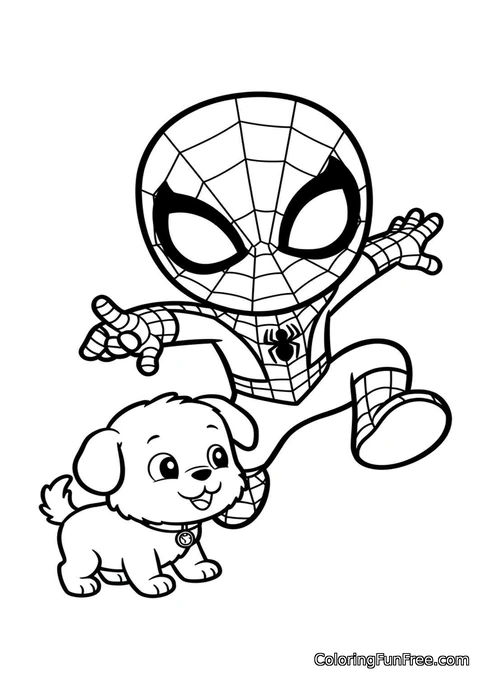 Spiderman chibi jumping with puppy