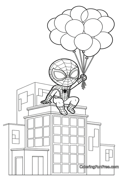 Spiderman chibi on building with balloons