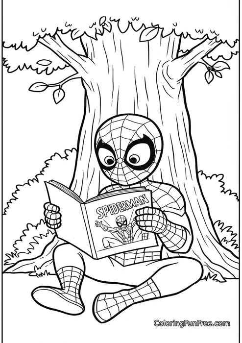 Spiderman chibi reading comic under tree