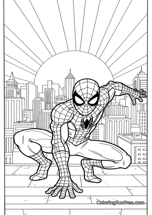 Spiderman crouching rooftop city sunrise