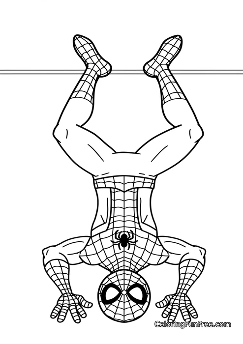 Spiderman hanging upside down on bar