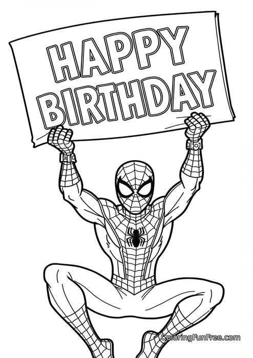 Spiderman holding happy birthday sign