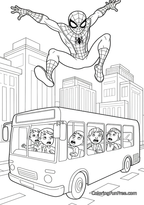 Spiderman jumping over bus