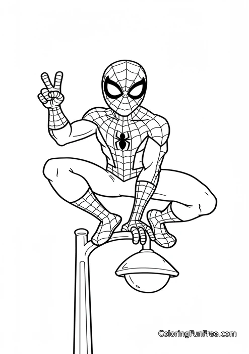 Spiderman peace sign on lamppost