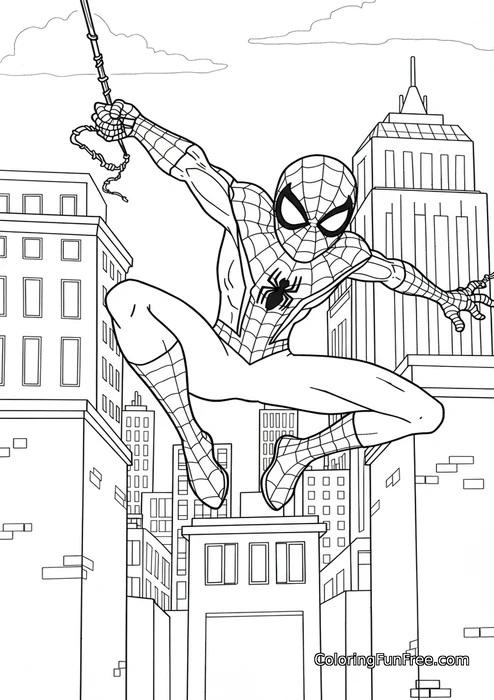 Spiderman web swinging cityscape