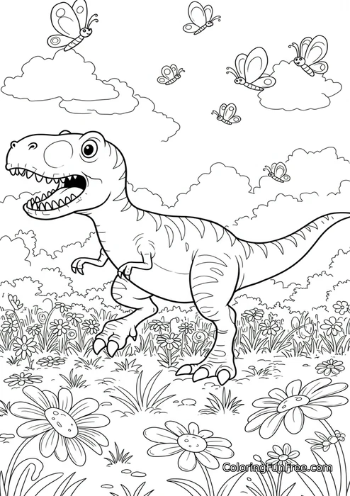 Dinosaur in flower meadow with butterflies