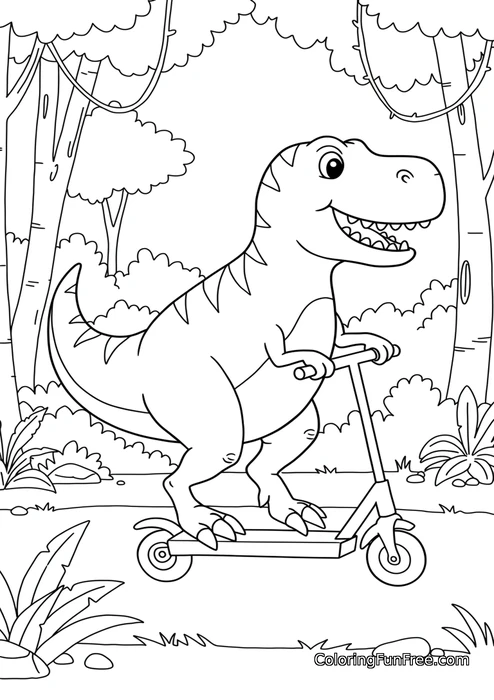Dinosaur riding scooter in forest