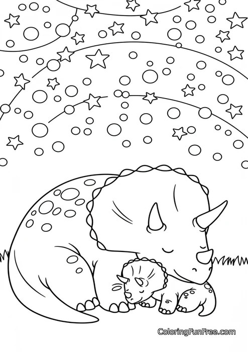 Mother triceratops sleeping with babies
