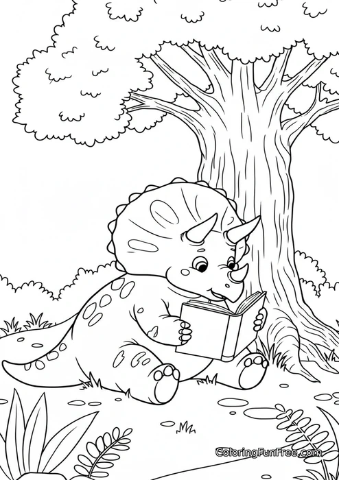 Triceratops reading book under tree