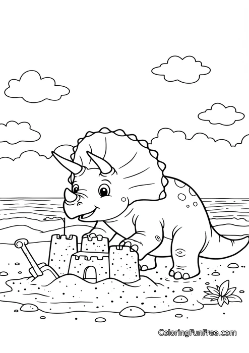 Triceratops with sandcastle on beach