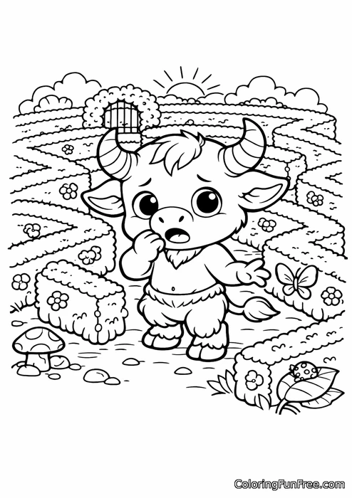 A baby minotaur lost in a tiny garden maze