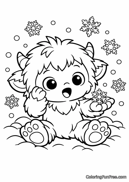 A baby yeti discovering snowflakes