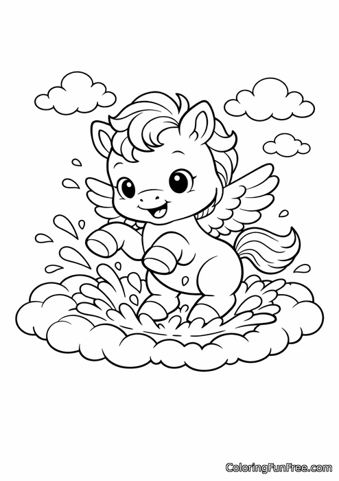 Baby pegasus splashing in a cloud puddle