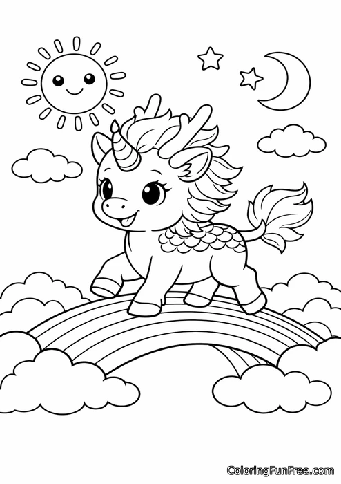 Baby qilin stepping across a rainbow bridge