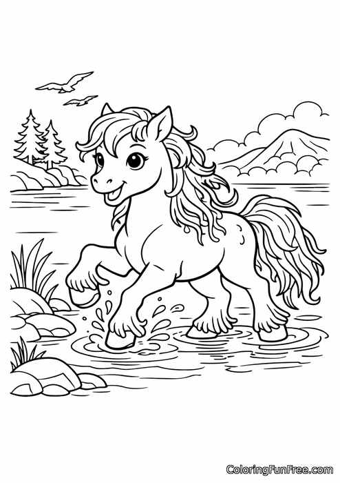 Little kelpie foal playing near a misty loch