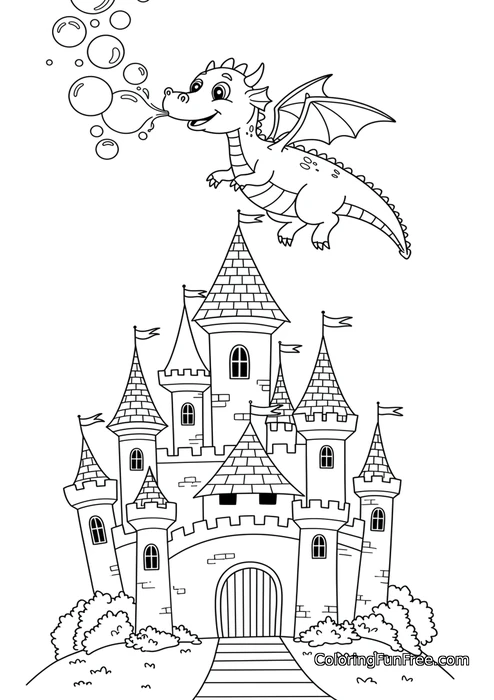 Dragon flying over a castle blowing bubbles