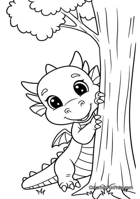 Dragon peeking from behind a tree