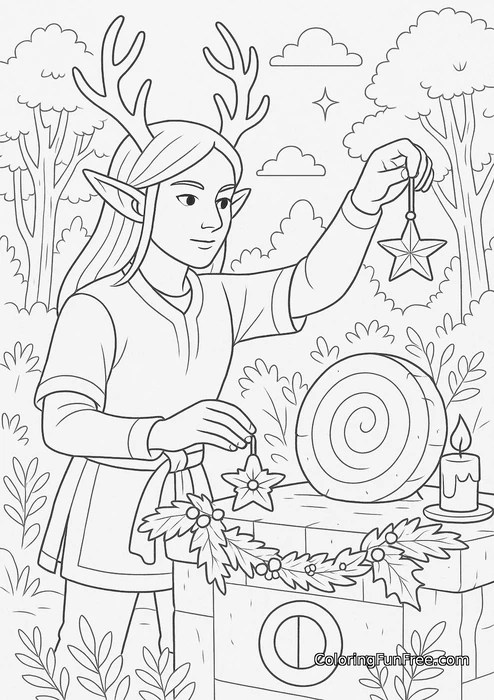 Antlered elf decorating with stars