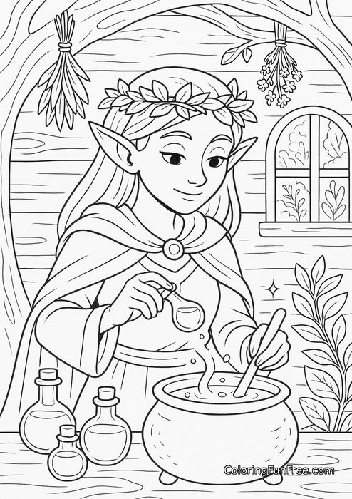 Elf brewing potion in cauldron