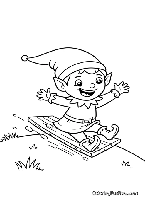 Elf sledding on wooden board