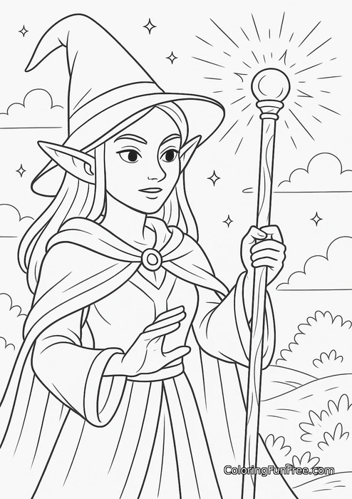 Elf sorceress with glowing staff