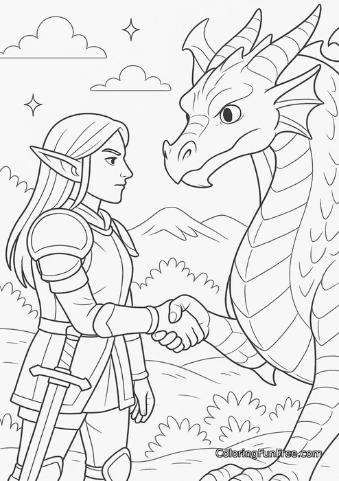 Elf warrior shaking hands with dragon