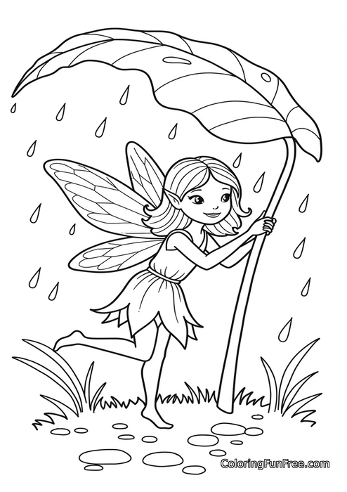 Fairy holding leaf umbrella in rain