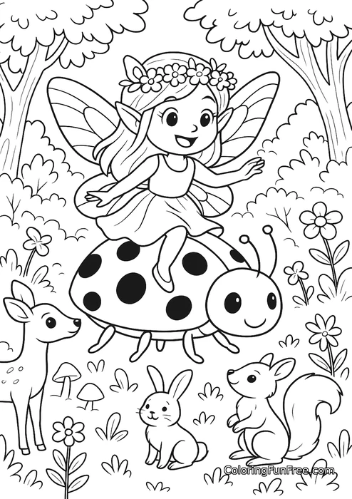Fairy on ladybug with forest animals
