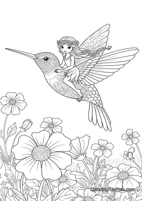 Fairy riding hummingbird over flowers