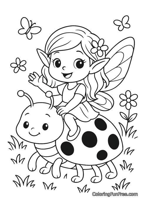 Fairy riding ladybug waving
