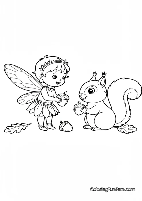 Fairy sharing acorns with squirrel