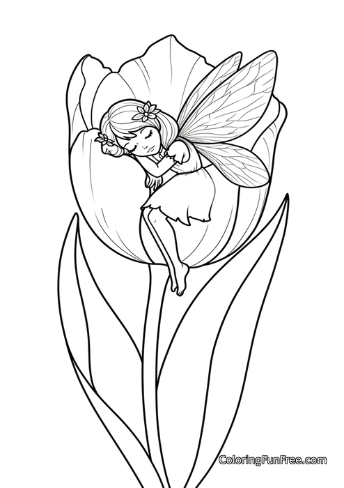 Fairy sleeping in tulip