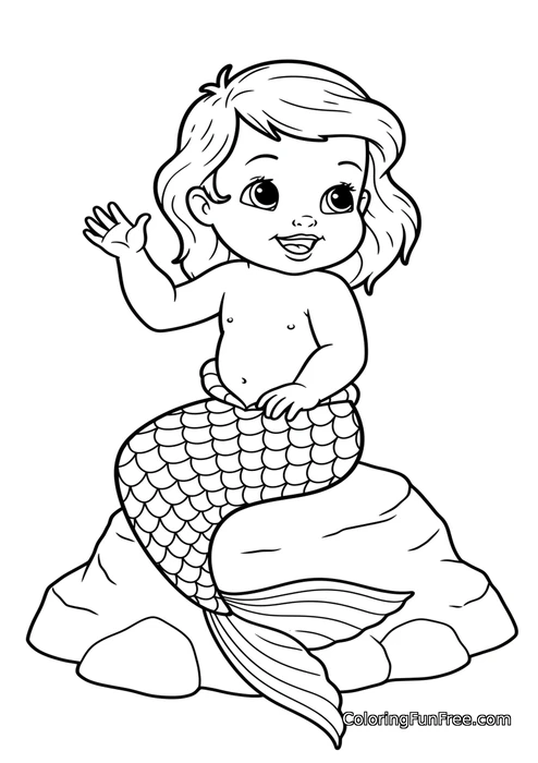 Baby mermaid waving on rock