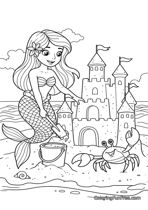 Mermaid building sandcastle with crab