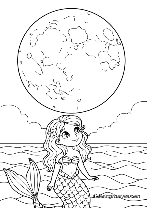 Mermaid looking at full moon