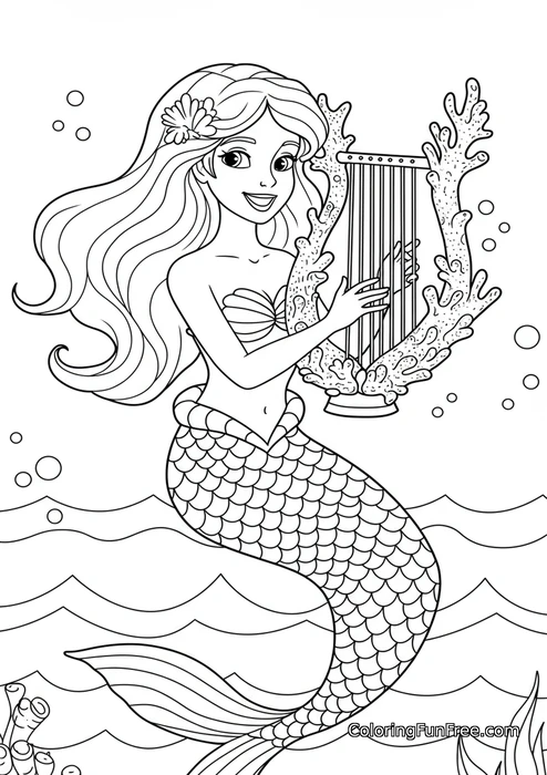 Mermaid playing coral harp