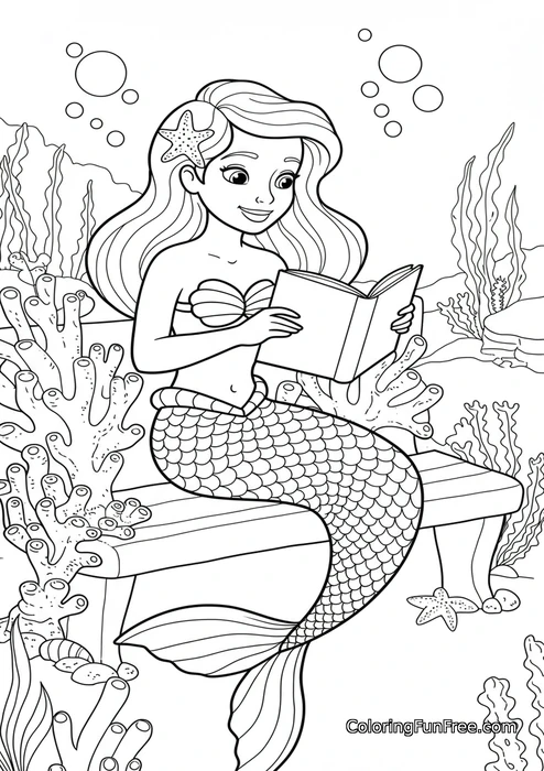 Mermaid reading book on underwater bench