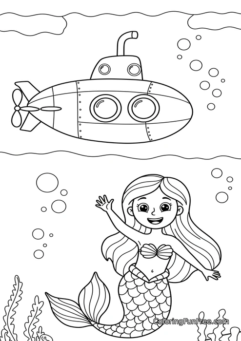 Mermaid waving at submarine