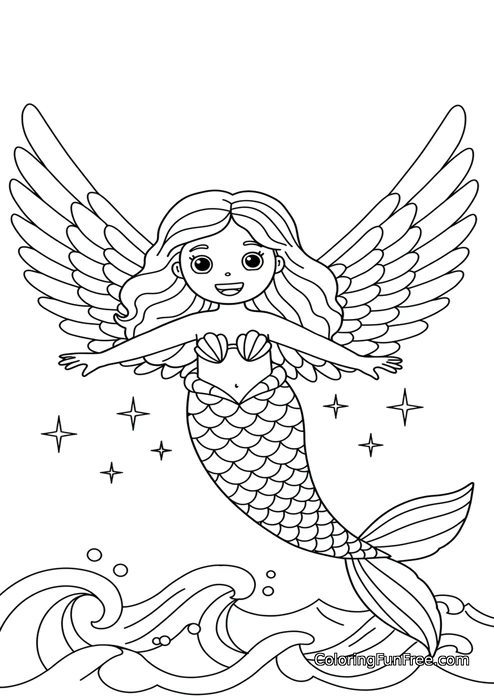 Winged mermaid flying over waves